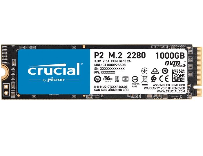 Накопитель SSD M.2 1Tb CRUCIAL P2 CT1000P2SSD8 PCIe Gen 3.0, NVMe, R2400/W1800, 450 TBW
