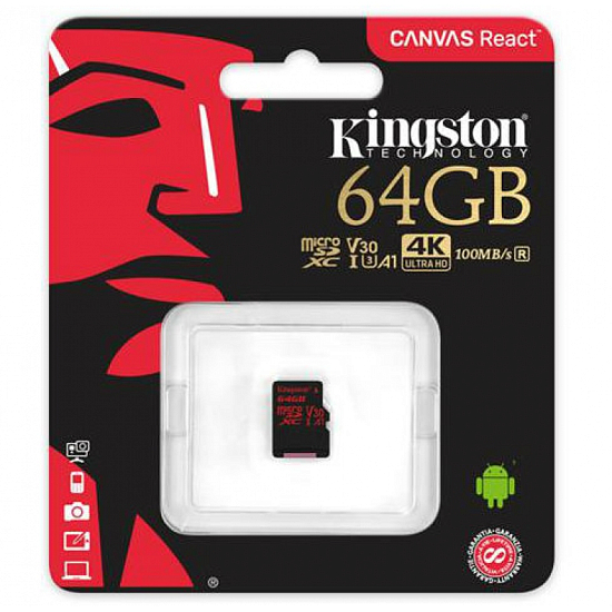 Micro SD 64Gb Kingston Class 10 Canvas Go UHS-I U3 V30 (90/45 Mb/s) с адаптером SD