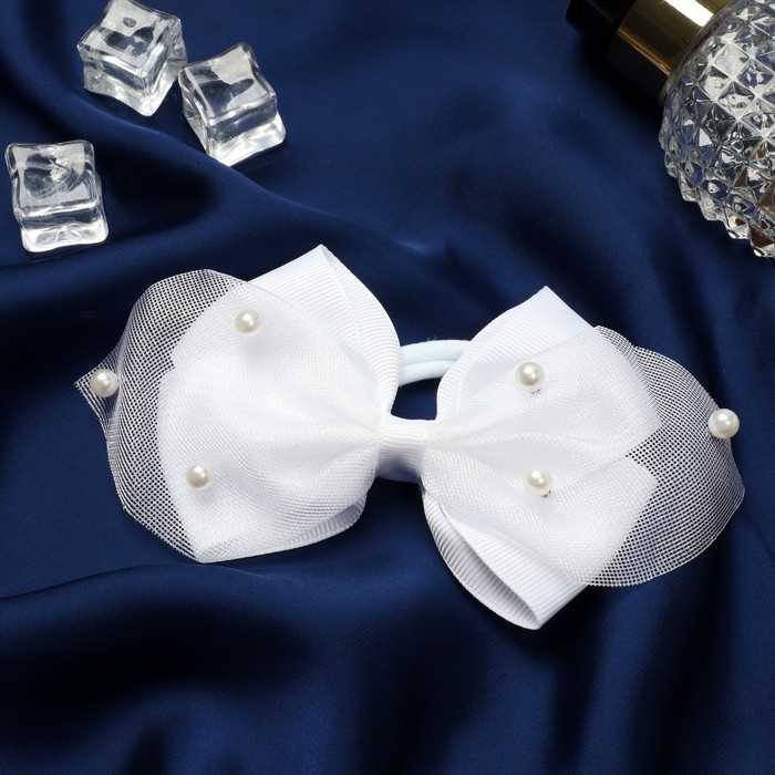 Резинка для волос бант "Школьница" сетка бусины, 10 см, белый   9709281