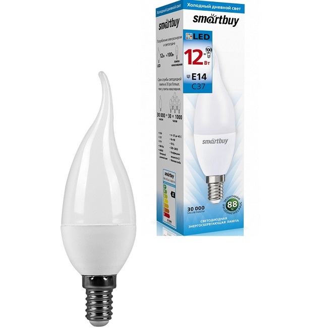 Лампа светодиодная SMARTBUY C37 12W/6000K/E14 (холодный свет) (1/10/100)