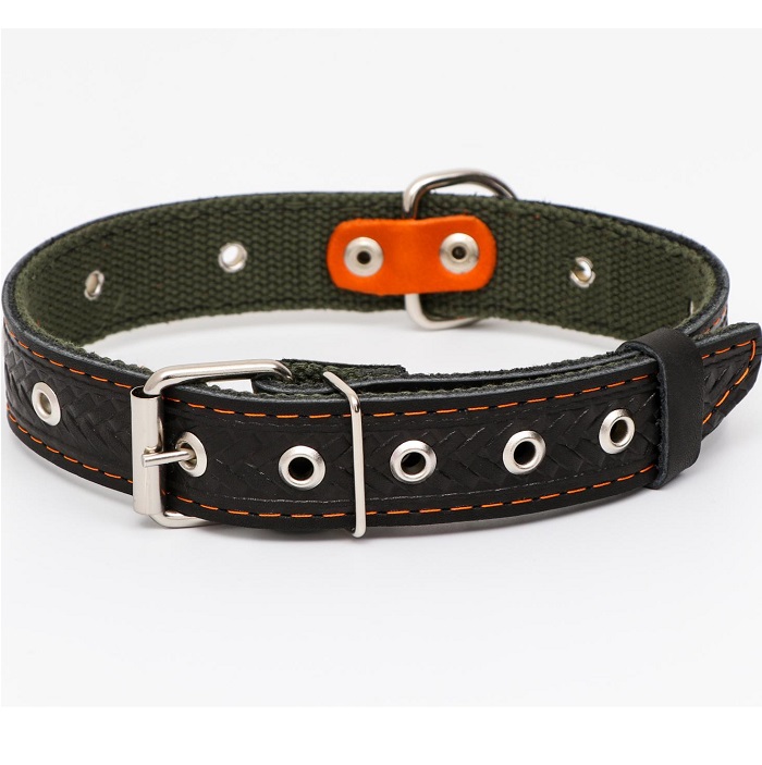 Ошейник комбинированный безразмерный, кожа/брезент, 60 х 3 см, ОШ 30-57 см, чёрный/зелёный