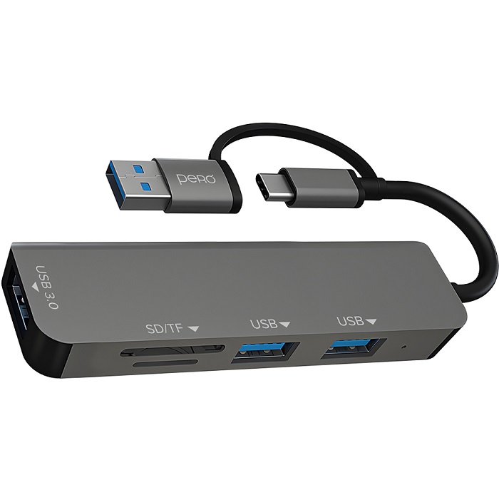 USB Type-C Хаб PERO MH05, USB-С/USB-A TO SD + TF + USB 3.0 + 2xUSB 2.0, серый