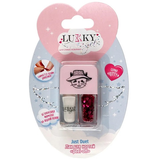 Двойные лаки для ногтей Lukky Angel Just Duet кол-я Kitty, серебряный металлик и красный с блестками, блистер, 2 по 4 мл 