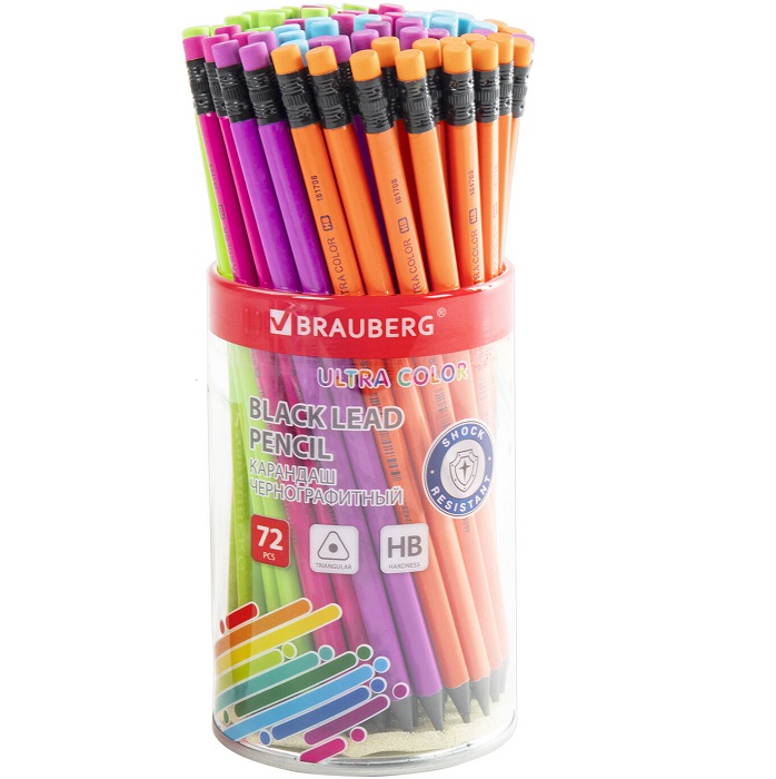 Карандаш чернографитный BRAUBERG "ULTRA COLOR", HB, с ластиком, пластиковый