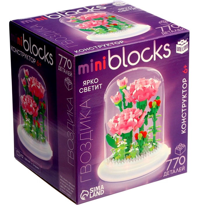 Конструктор UNICON Mini Blocks Гвоздика 770 деталей, свет
