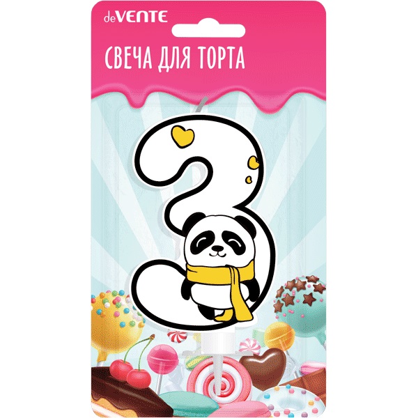 Свеча-цифра для торта "Панда" 3, с рисунком, белая