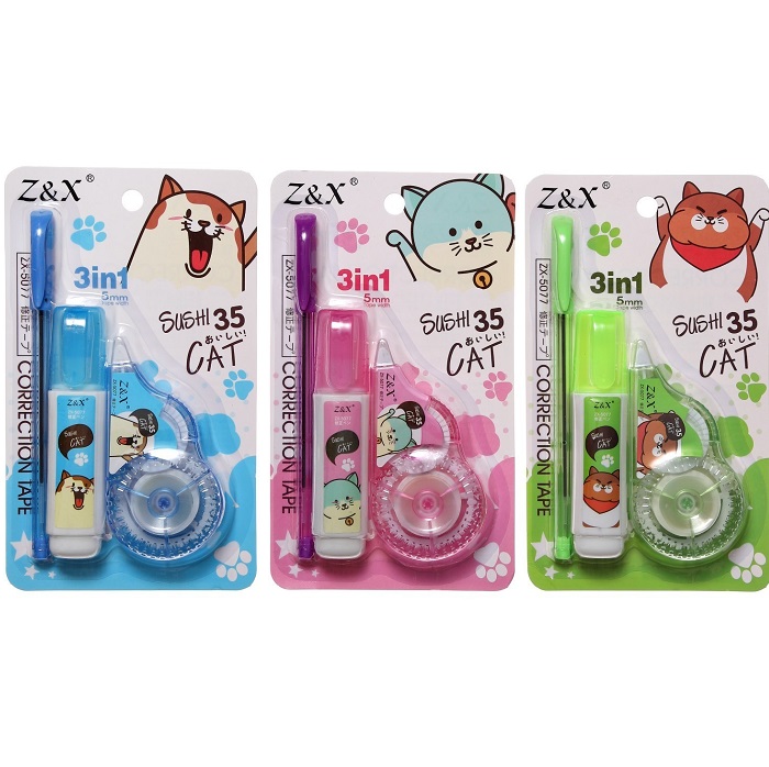 Набор (корректор-лента 5м х 5мм + корректор-ручка +ручка шариковая) на блистере, МИКС