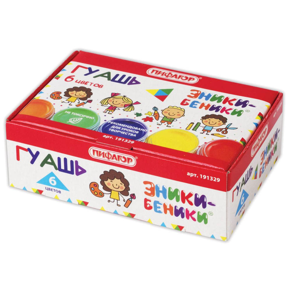 Гуашь 06 цветов  "Эники-беники", ПИФАГОР по 10 мл, без кисти, картонная упаковка, 191329