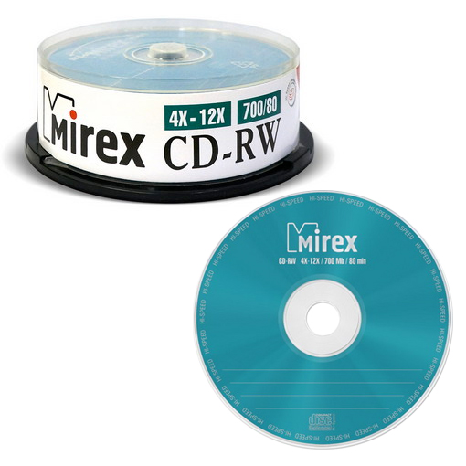 Диск CD-RW MIREX 700Мб 4X-12X Cake box (Bulk-25) (25/300)
