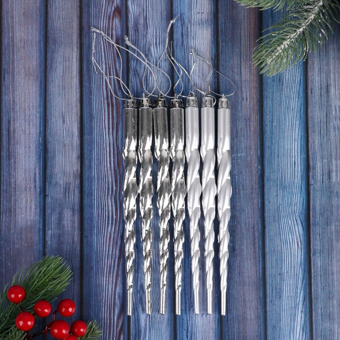 Украшение ёлочное "Сосулька - завитулька" (набор 7 шт) 19 см серебро 1305760
