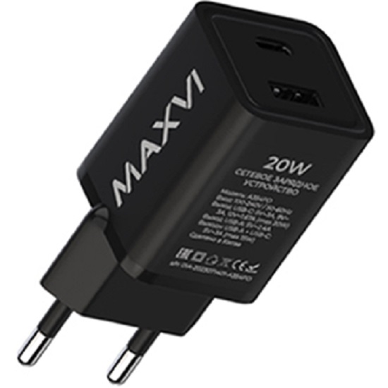 Сетевое ЗУ 1USB/1Type-C 3A MAXVI A354PD, черное, 20W