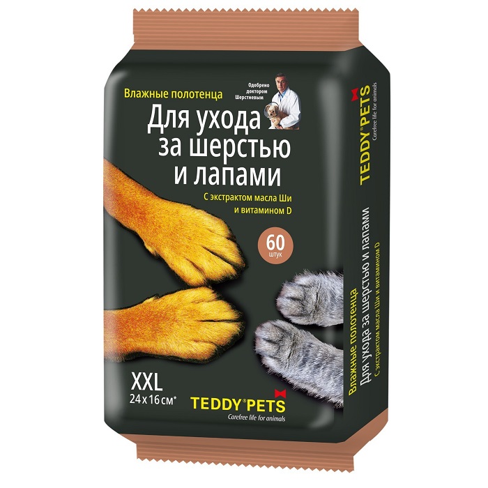 Влажные салфетки для животных Teddy Pets для ухода за лапами, 60 шт 10255174