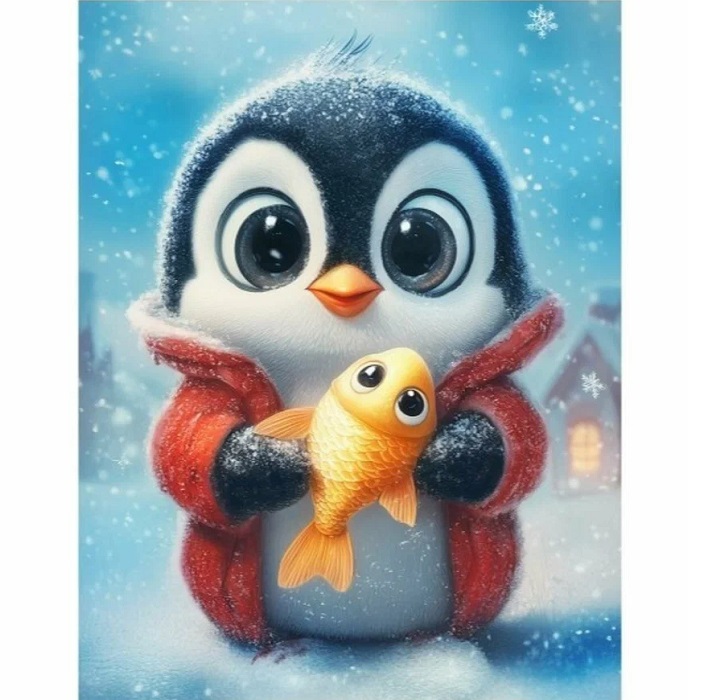 Холст с красками по номерам Снежный пингвинёнок