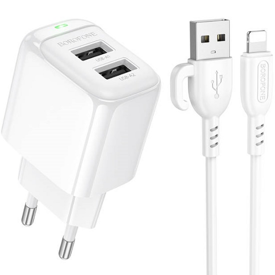 Сетевое ЗУ 2USB Borofone BAS41A Potential, белый, Lightning