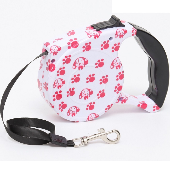 Рулетка с поводком-лентой, резиновая ручка, 5 м, вес животного до 15 кг, лапки на белом