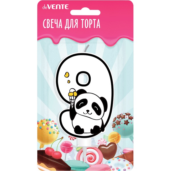 Свеча-цифра для торта "Панда" 9, с рисунком, белая