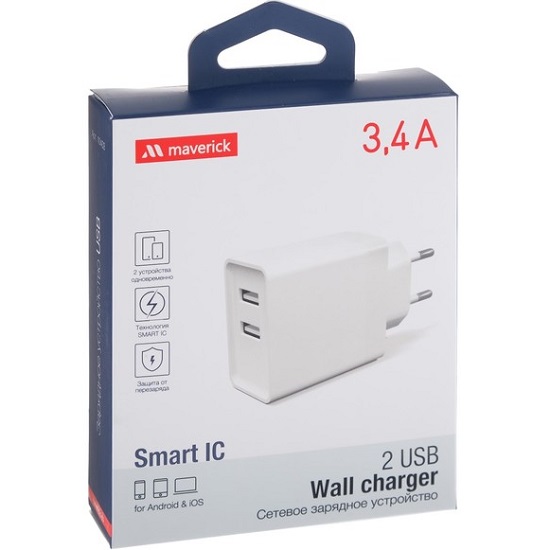 Сетевое ЗУ 2USB MAVERICK Super Power, белый, Quick Charge 3.0 + SMART IC
