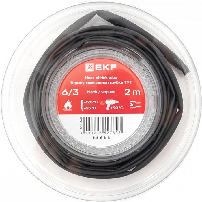 Термоусаживаемая трубка ТУТ нг 6/3 черная ролик 2 м EKF 
