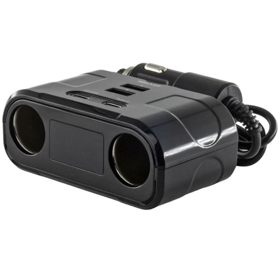 Разветвитель прикуривателя WALKER WSC-45, 120Вт, 2 разъема, 2USB(2А), 2Type-C(PD, 22W), с дисплеем