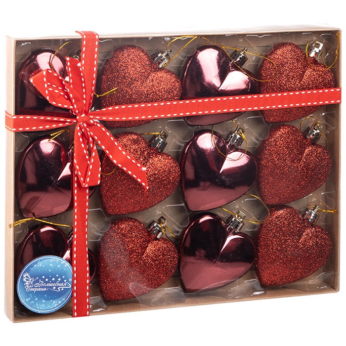 Набор елочных украшений Волшебная страна Сердце бордовое, 12 шт, размер: 6 см 110449