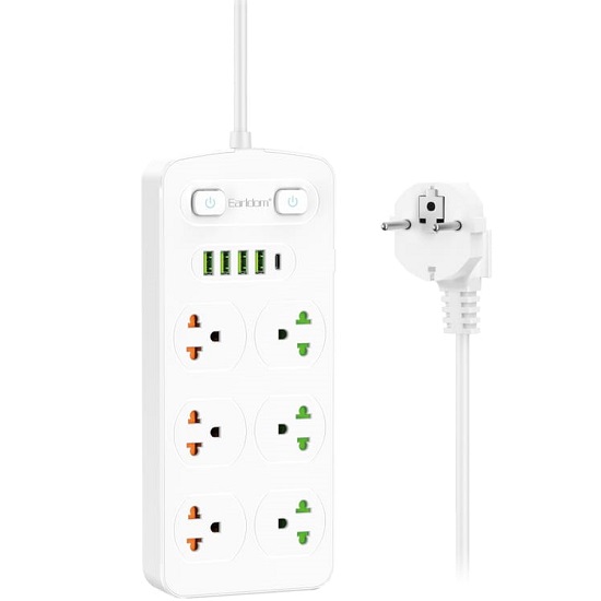 Сетевой фильтр 2.0м EARLDOM SC09, 6 розеток, 4 USB+1Type-C выхода, белый