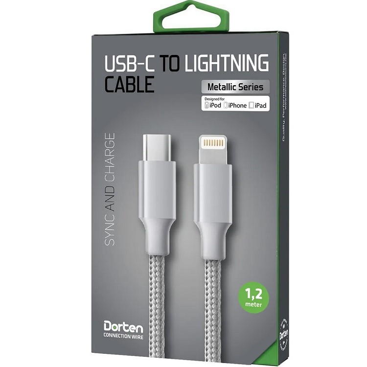 Кабель Lightning <--> Type-C  1.2м DORTEN Metallic Series (Silver/Cеребряный)-DN400301