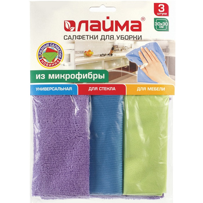 Салфетки из МИКРОФИБРЫ универсальные LAIMA., стекло, мебель, 30х30см КОМПЛЕКТ 3шт, 200 г/м2, 601258