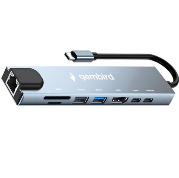 USB Type-C Хаб GEMBIRD UHB-D3, 8в1: USB2.0, USB3.1, Type-C PD87W, Type-C, HDMI, SD/TF, RJ45, кабель 20см, алюминий