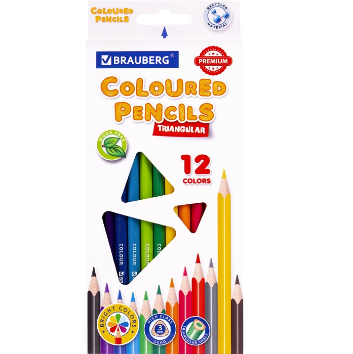Карандаши цветные BRAUBERG PREMIUM, 12 цветов, трехгранные, 181661
