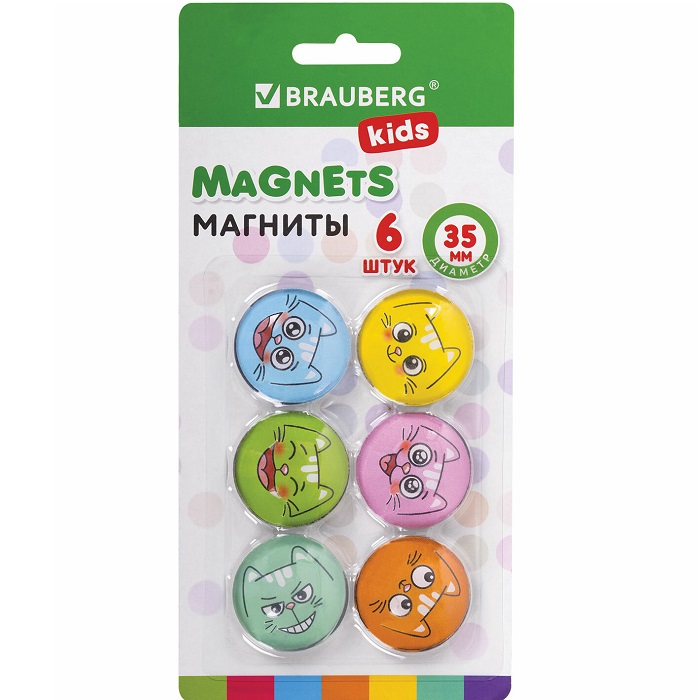 Магниты стеклянные BRAUBERG KIDS 35 мм, НАБОР 6 шт, 3D Коты 272516