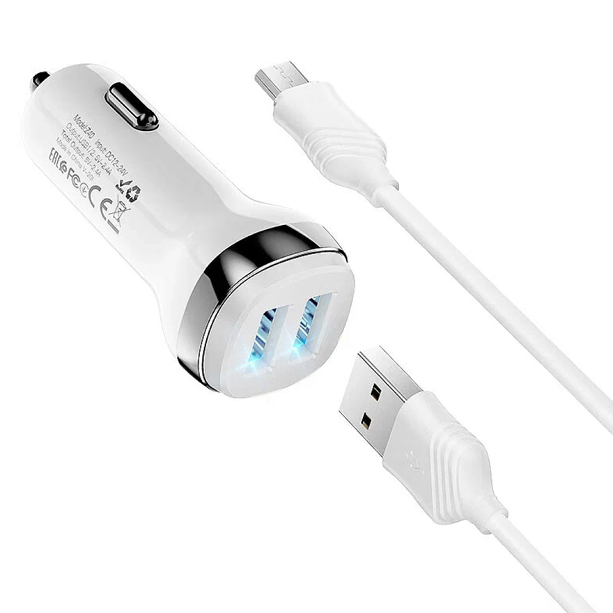 Авто ЗУ 2USB 2.4 HOCO Z40, + кабель USB <--> Micro-USB, белый