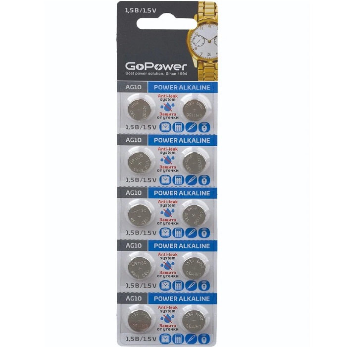 Элемент питания GoPower AG10 BL-10 (LR1130/LR54/389A/189) (10/100/3600)