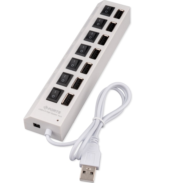 USB Type-C Хаб GEMBIRD UHB-U2P7-01W, 7хUSB, с доп. питанием, подсветка и выключатели, кабель USB 55см, белый, коробка