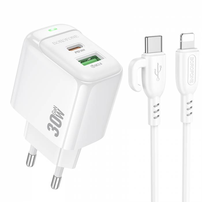 Сетевое ЗУ 2USB 3A BOROFONE BAS45A White, Type-C-Lightning, 30Вт