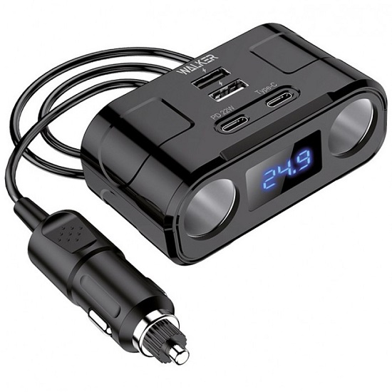 Разветвитель прикуривателя WALKER WSC-45, 120Вт, 2 разъема, 2USB(2А), 2Type-C(PD, 22W), с дисплеем