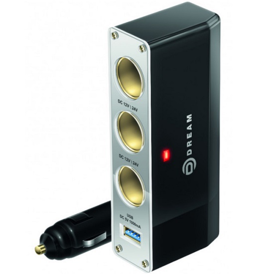 Разветвитель прикуривателя DREAM WF-096 1USB 3 АЗУ 1А черный (180619)