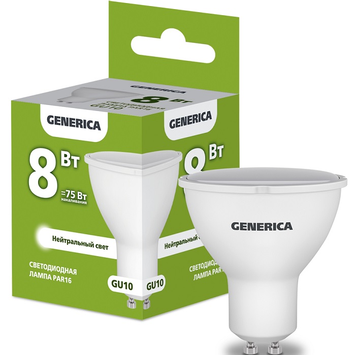 Лампа светодиодная GENERICA PAR16 8W/3000К/GU10 софит 1/10/100