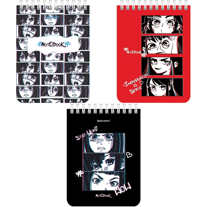 Блокнот A6, 40л., МАЛЫЙ ФОРМАТ А6 108х145мм, гребень, картон, клетка, BRAUBERG, Anime emotions, 114392