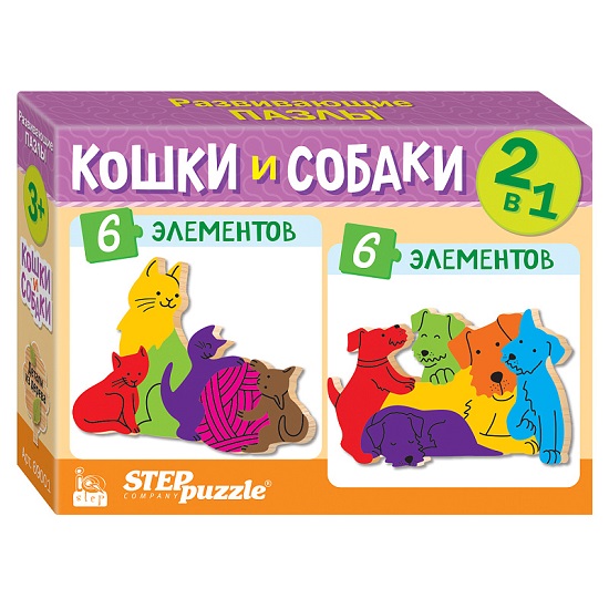 Пазл Step Puzzle 2в1 из дерева "Кошки и собаки" (IQ step)
