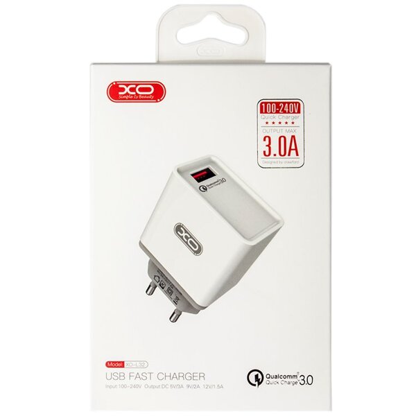 Сетевое ЗУ 1USB 3А, 18Вт XO-L36, QC 3.0, Lightning, белое