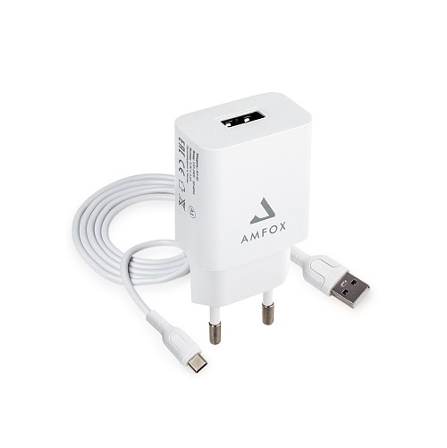 Сетевое ЗУ 1USB 2.1A AMFOX AH-45, 10,5Вт, + кабель Type-C, белое