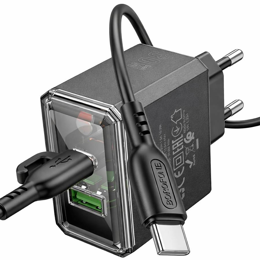 Сетевое ЗУ 1USB/1Type-C 3A BOROFONE BAS32A Black, Type-C-Type-C , PD30W+QC3.0 GaN