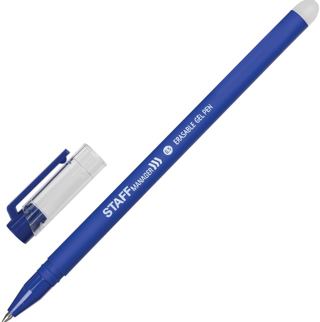 Ручка стираемая гелевая STAFF ERASE, СИНЯЯ, прорезиненный корпус, узел 0,5мм, линия 0,35мм, 143656