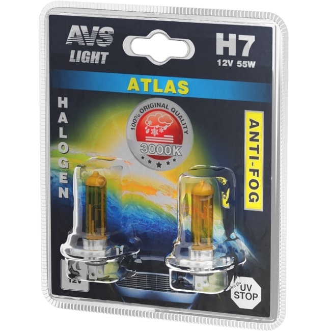 Лампа галогенная AVS ATLAS ANTI-FOG/желтый H7,12V.55W.блистер 2шт.