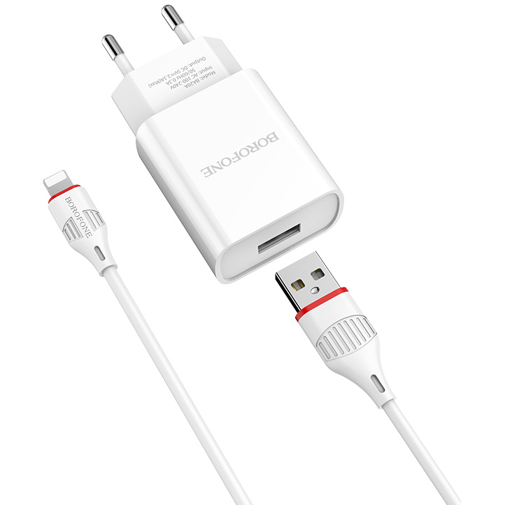 Сетевое ЗУ 1USB 2.1A BOROFONE BA20A, Sharp Lightning белый