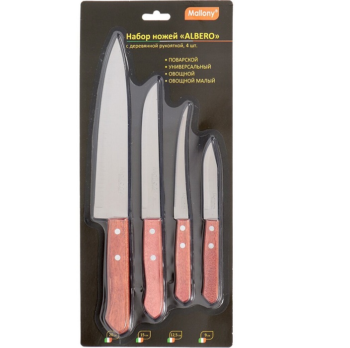 Набор ножей с деревянной рукояткой ALBERO 4 шт (поварск, универс., овощ., овощной малый) арт 007092