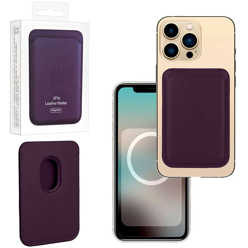 Кошелек для карт Leather Wallet Dark Cherry iPhone 12-15 Pro Max (Анимация NFC Clear) с лого