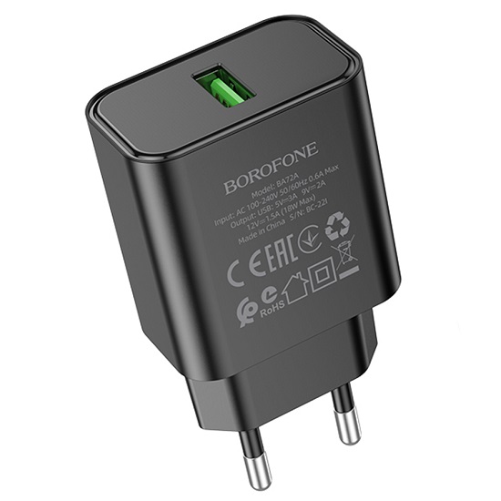 Сетевое ЗУ 1USB BOROFONE BA72A Spring, черный, QC3.0
