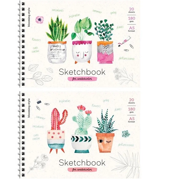 Скетчбук-блокнот для акварели 20л., А5 ArtSpace "Cute plants", на гребне, 180г/м2 Б5а20грг_28235