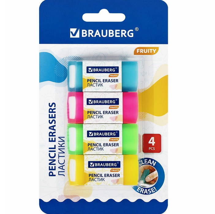 Ластики BRAUBERG FRUITY НАБОР 4 шт, размер ластика 54*23*10 мм, 271343